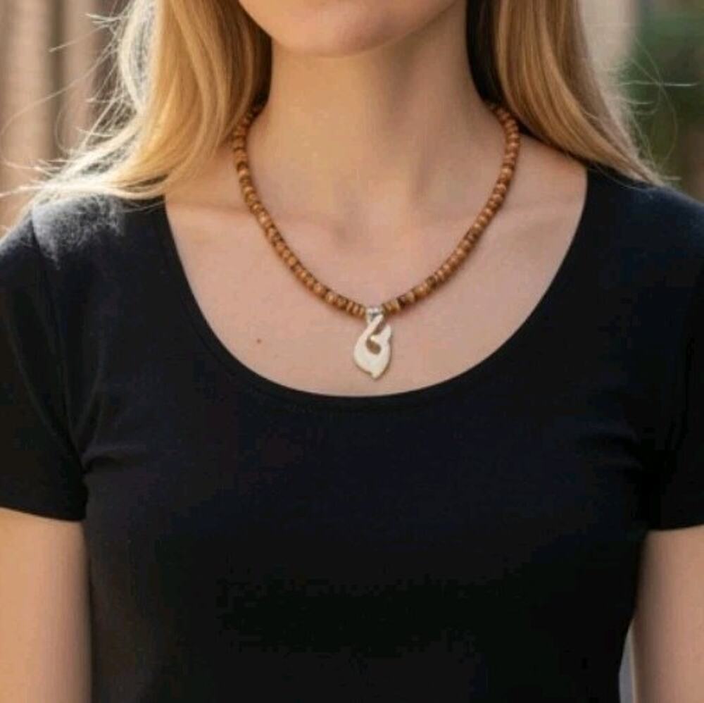 Puka Shell Necklace Vintage Unisex Polynesian Fish Hook Whale Tail Pendant 16"